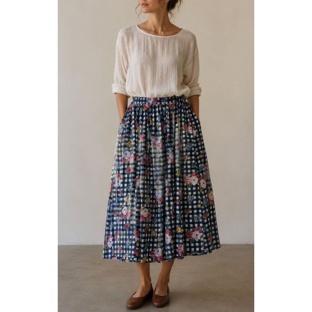 Custom Bechamel Skirt Womens XL Blue Check Floral Pockets Maxi Upcycled Boho